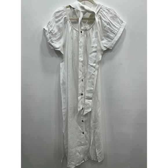NWT Eberjey Womens 100% Linen Harper Dress Midi Button Front Belted White Size M - Picture 3 of 14